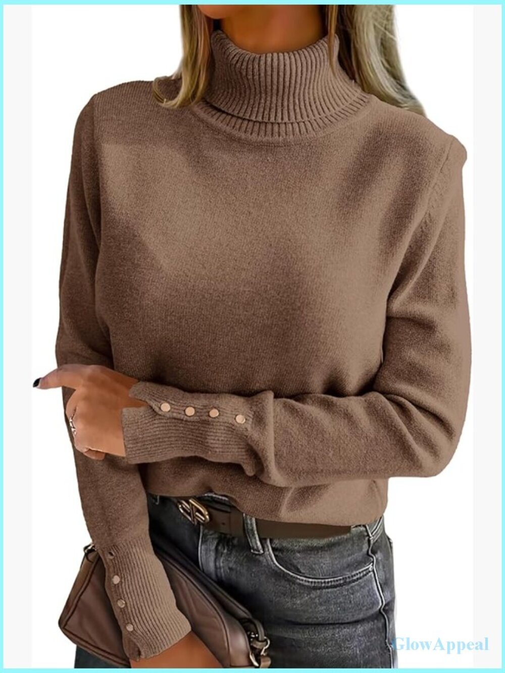 Turtleneck Sweater Long Sleeve Button Cuff Knit Pullover Casual Dressy Top